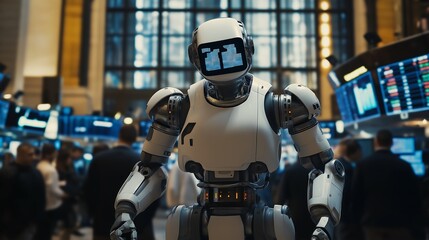AI robot working alongside human traders in a bustling futuristic stock exchange.