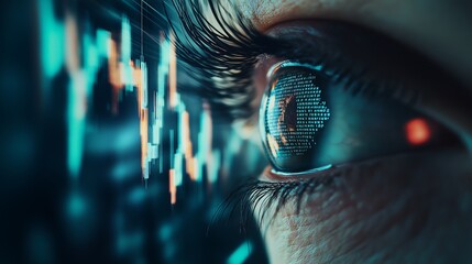 Robotic eye reflecting fluctuating crypto and stock prices in real time.