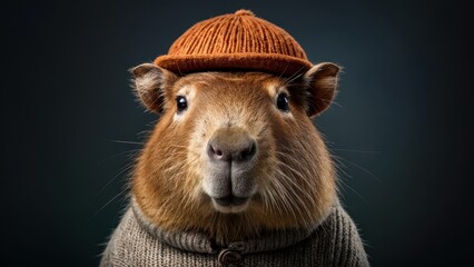 Fototapeta premium A capybara wearing a knitted hat and sweater, posing against a dark background.