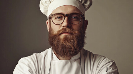 A chef with a handlebar mustache and glasses, dressed in a classic white uniform and hat, representing traditional culinary expertise and professionalism in gastronomy.