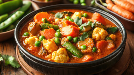 A vibrant bowl of vegetable stew featuring peas, carrots, cauliflower, and more, topped with fresh cilantro, serving a nutritious feast, full of warmth and flavor.