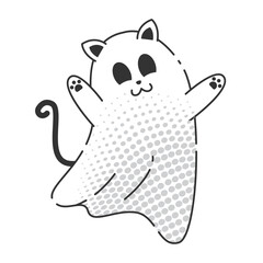 Happy cartoon ghost with cat ears and tail, halftone effect, Vector