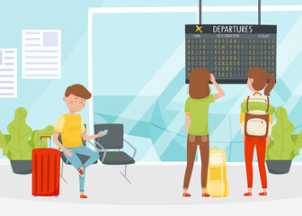 Man and Woman Travel with Suitcase Wait for His Flight Enjoy Vacation Vector Illustration