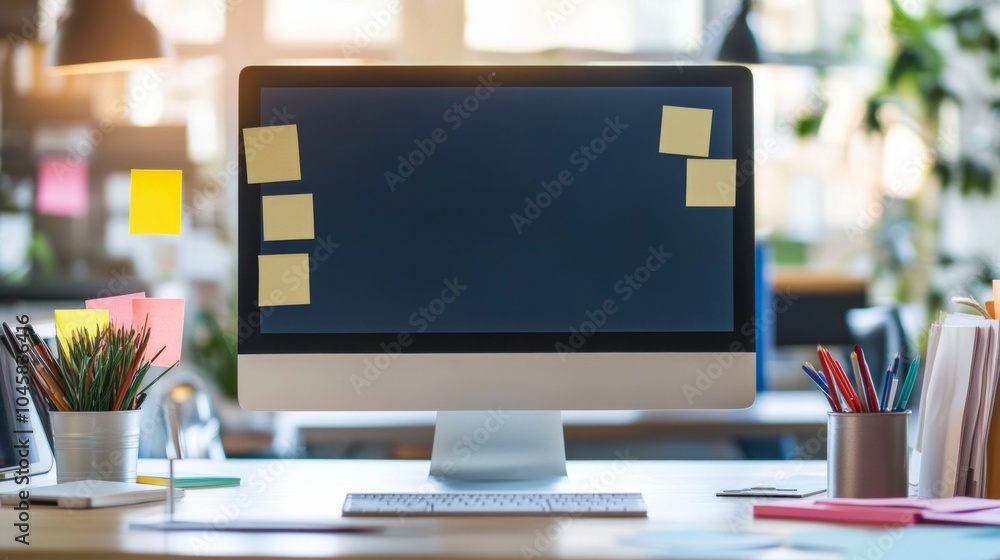 Aufkleber modern workspace with desktop computer and sticky notes for creative planning