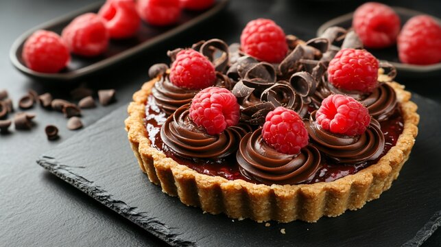 Chocolate and raspberry tart with glossy finish, isolated on a black slate background, garnished with fresh raspberries and chocolate curls