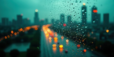 Fototapeta premium A stunning view of a rainy urban landscape, showcasing blurred city lights through raindrops on glass, evoking a moody and atmospheric city vibe.