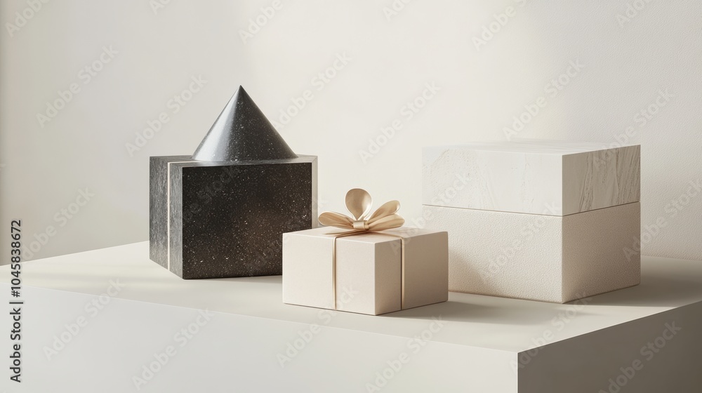 Aufkleber Three distinct geometric gift boxes with varied shapes and textures are showcased on a minimalist tabletop, exuding elegance and style. Generative AI