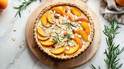 Peach and almond tart, isolated on a light wooden board, topped with peach slices and almond slivers, surrounded by fresh rosemary sprigs