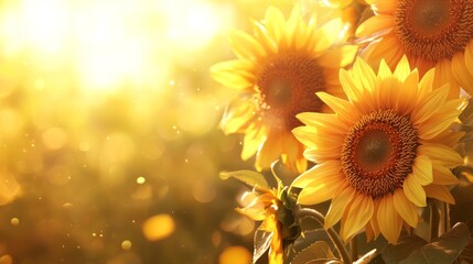 Fototapeta premium Three bright yellow sunflowers facing the sun, with a blurred background of golden sunlight.