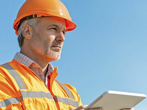 Construction site manager inspecting safety equipment for compliance standards, dynamic composition, outdoor environment, clear blue sky backdrop