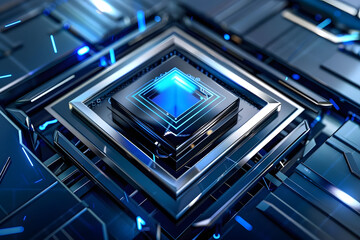 Obraz premium vibrant blue silver microchip emblem advanced intelligence computer technology