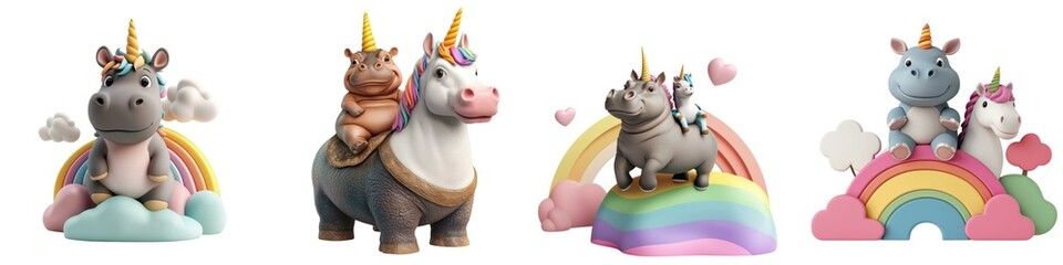 Colorful unicorn figurines with playful designs, featuring cheerful rainbows and clouds.