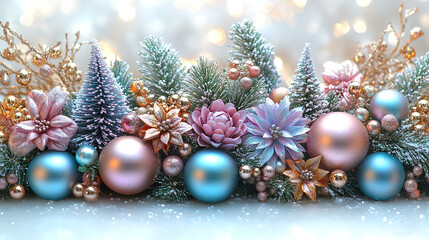 Holiday decorations. Festive Christmas decorations in vibrant colors, New Year celebrations