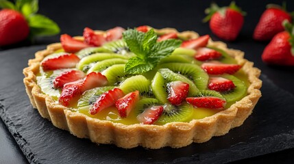 Strawberry and kiwi tart with custard filling, isolated on a black slate background, decorated with fresh mint leaves and sliced strawberries