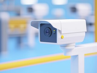 Security checkpoint, advanced surveillance cameras and scanners, modern factory environment, 3D illustration