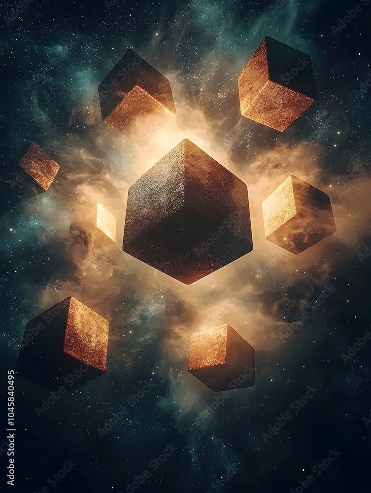 Poster an artistic representation of luminous metallic cubes floating in a cosmic backdrop, surrounded by a