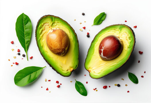 Halbierte Avocado, begleitet von frischen Bl&auml;ttern, auf wei&szlig;em Hintergrund. Frisch und appetitlich angerichtet. Generative KI