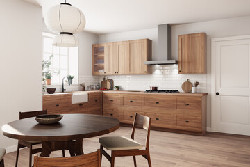 A modern cozy kitchen features wooden accents, bright light, and functional design elements