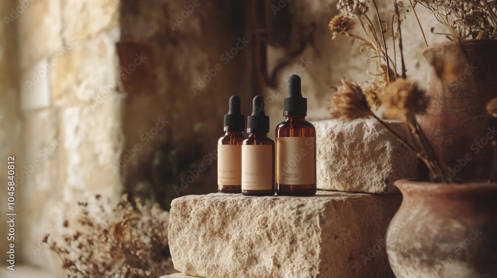 Poster Three bottles of natural skincare products are arranged on textured stone, surrounded by dried flowers and soft lighting, creating a tranquil and inviting atmosphere in a rustic interior.