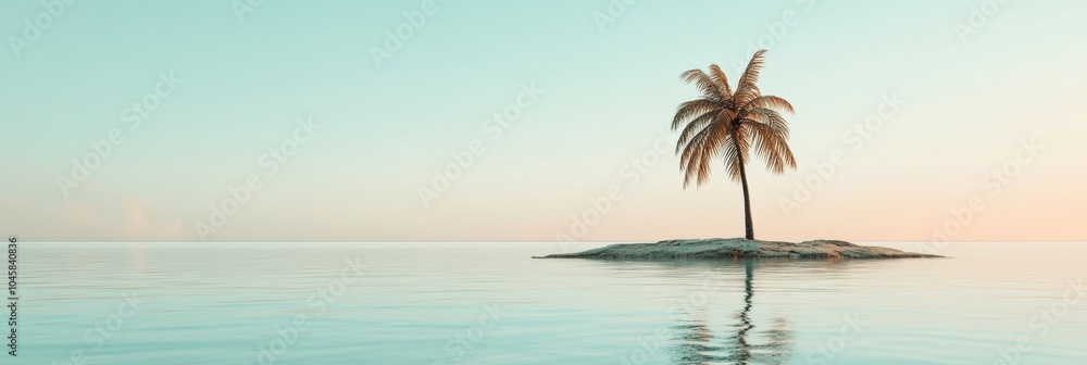 Poster A tranquil tropical island features a solitary palm tree surrounded by clear blue waters at sunset, creating a peaceful atmosphere. Generative AI