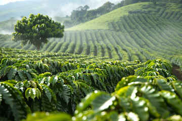 A serene coffee plantation unfolds in the early morning, with lush green rows of coffee plants glistening in the moisture. Mist hovers over the hills, enhancing the tranquil atmosphere
