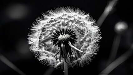 A black and white close-up of a dandelion seed head, showcasing intricate details.