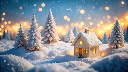 Snowy winter cabin in macro perspective panoramic view