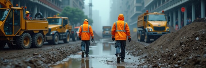 Construction workers in bright safety gear navigate a muddy urban site, showcasing teamwork and safety in a busy infrastructure project.