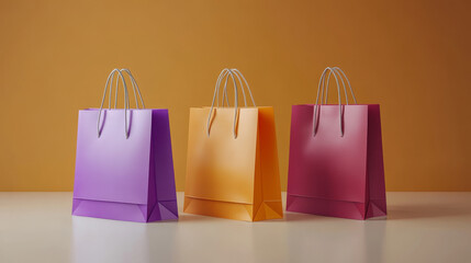 A set of colorful, eco-friendly shopping bags made of recyclable paper. These bags are perfect for mockups and design projects. They come in brown, silver, orange, purple, and red.