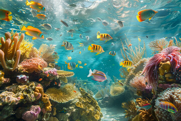 A breathtaking underwater landscape showcases a lively coral reef filled with diverse marine life, while schools of colorful fish swim gracefully in crystal-clear waters