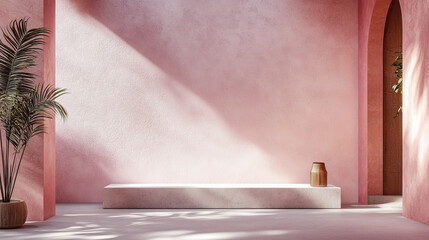 A spacious room with a big, pale pink wall, perfect for showcasing products. The wall has a natural shadow, giving it depth. This design is ideal for creating eye-catching presentations.