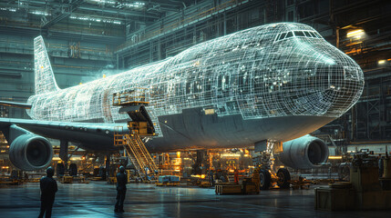large airplane being designed in an industrial setting with holographic wireframe