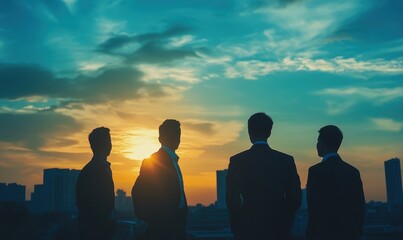 Silhouettes of business people standing in front of the city skyline at sunset, working together to build success and navigate conflicts among them, against a blue sky with clouds Generative AI