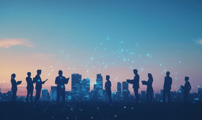 A group of business people standing in front, holding their office equipment against the backdrop of an urban skyline at sunset Generative AI