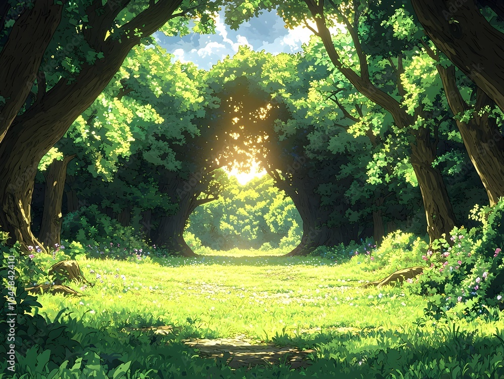 Poster a tranquil forest scene with vibrant greenery and a shimmering sunlight filtering through lush trees