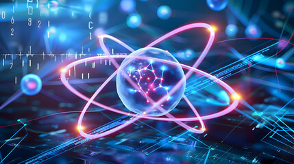 Fototapeta premium Futuristic 3D vector model of a proton surrounded by quantum particles, glowing with scientific data points and abstract physics equations