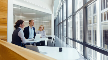 A lively group of professionals shares ideas in a modern office with natural light and wooden details. The open space, glass walls, and plants create a refreshing, collaborative vibe.