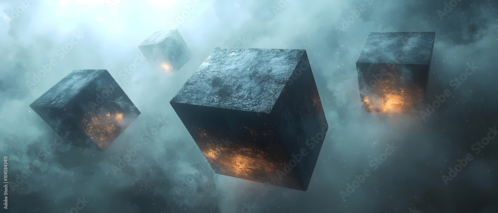 Poster Four futuristic, illuminated cubes float through a misty, ethereal atmosphere, creating a sense of mystery and wonder in this abstract digital artwork.