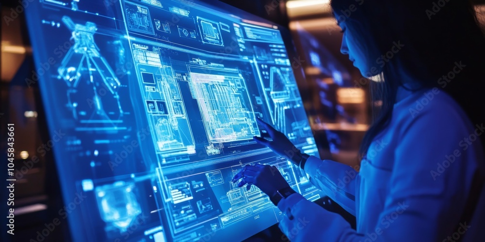 Poster a robot, looking like a person, uses a glowing screen to create detailed plans for factories. this f