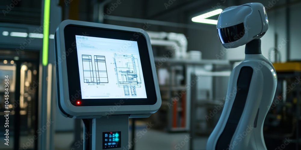 Poster a robot, looking like a person, uses a glowing screen to create detailed plans for factories. this f