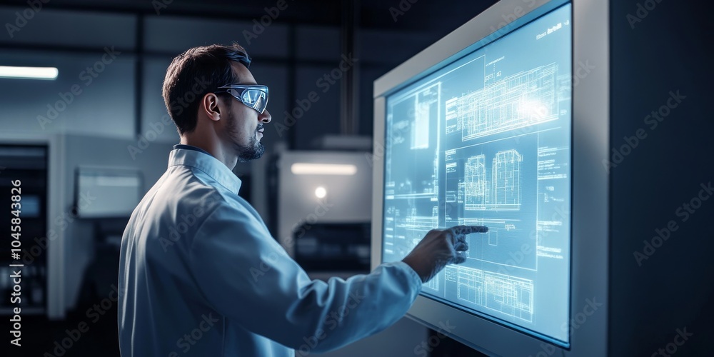 Poster a robot, looking like a person, uses a glowing screen to create detailed plans for factories. this f