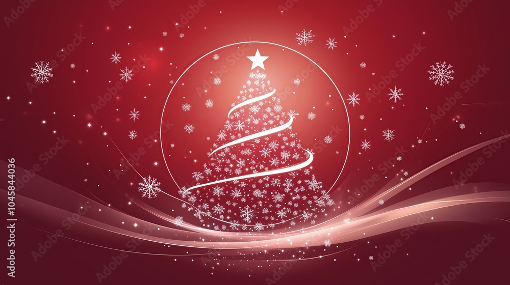 Poster a vector christmas tree in white on a red background with swirls.