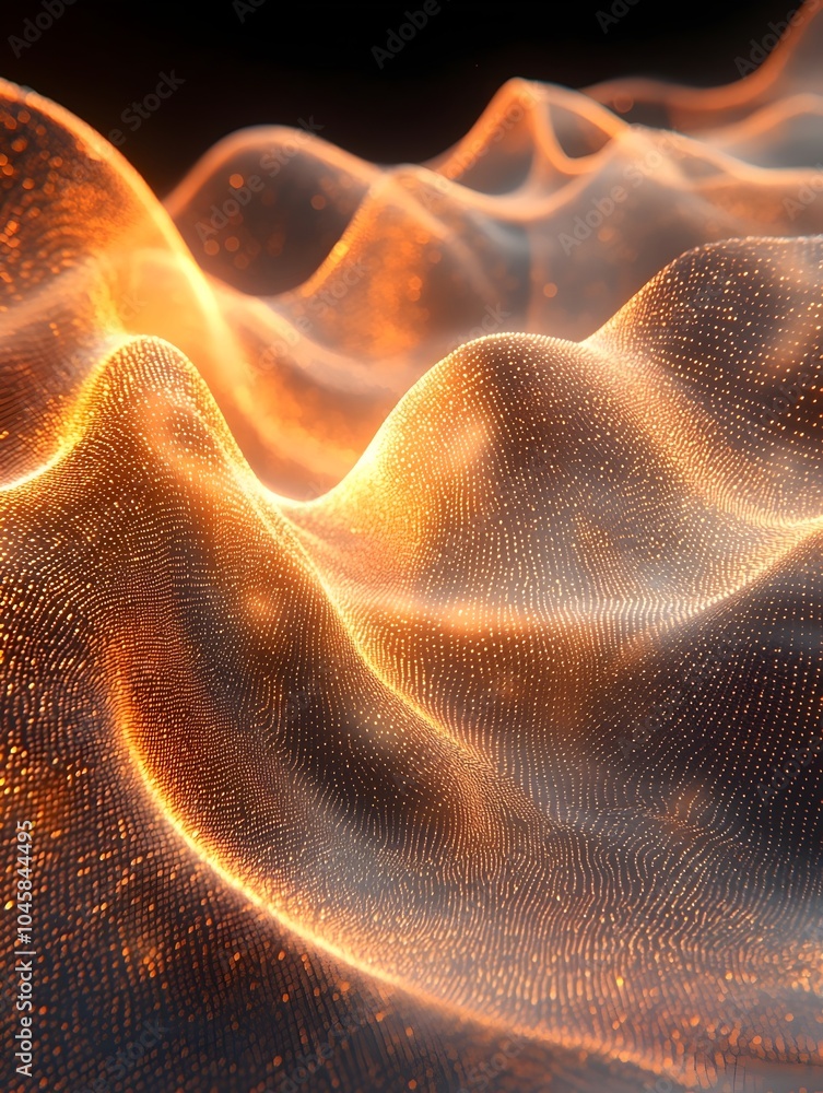Poster a mesmerizing wave-like formation of shimmering particles in warm golden hues, creating a dynamic an