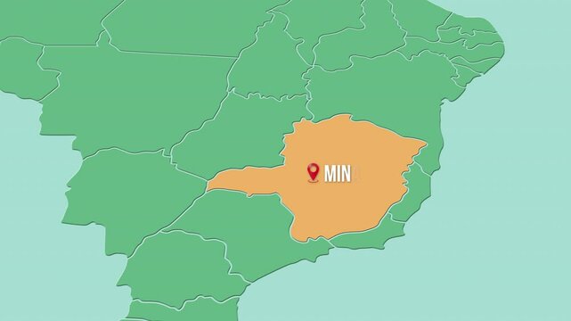 Mapa de Brasil con divisi&oacute;n pol&iacute;tica resaltando el estado Minas Gerais. 