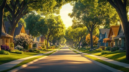 Fototapeta premium A picturesque suburban street lined with charming houses, bathed in warm sunlight filtering through lush trees.