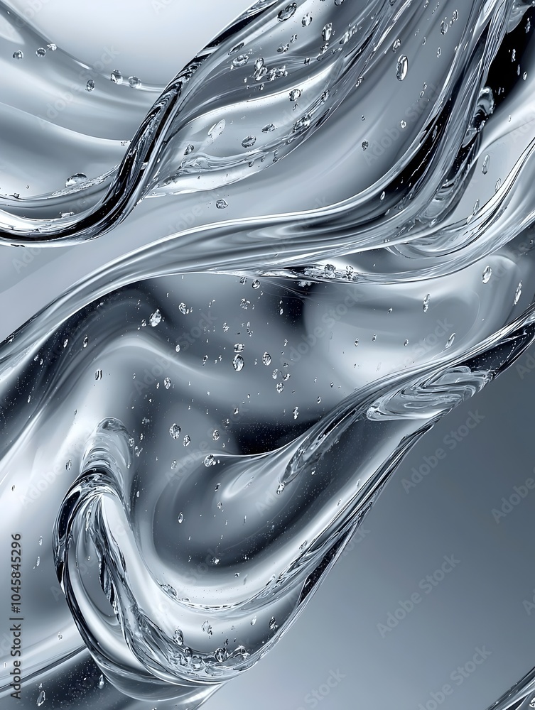 Poster abstract image showcasing flowing transparent glass with bubbles, creating a dynamic and elegant fee