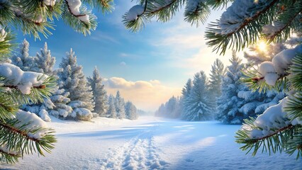 Snowy winter landscape with pine branches
