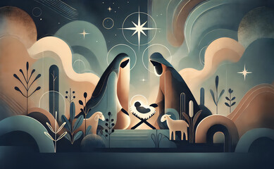 Obraz premium Watercolor painting Nativity scene in Bethlehem. Christmas scene illustration showing holy family baby Jesus in the manger Joseph and Mary. Banner. Copy space