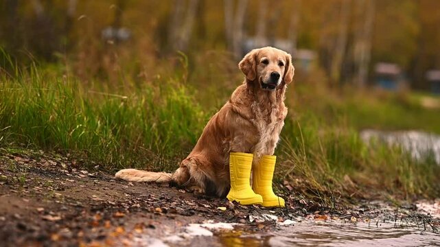 dog portrait Golden retriever sitting on the lake shore in yellow boots in autumn