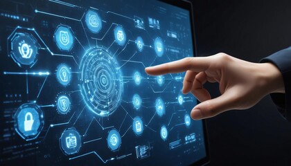 A hand pressing a button on a virtual touch screen interface in a digital, tech-driven business concept